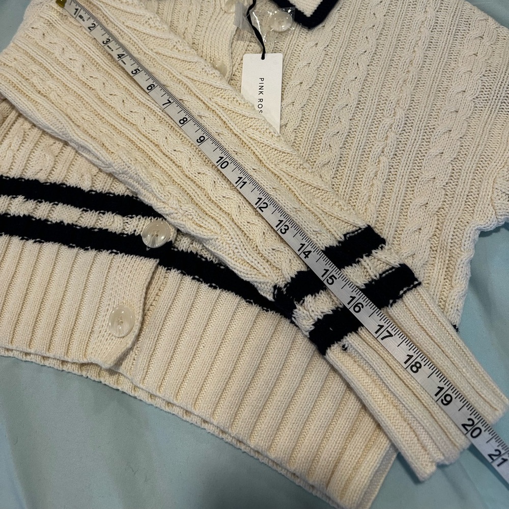 NWT Pink Rose Preppy Cream & Navy  Cable Knit Collared Cardigan. Ribbed Hem. S - Picture 4 of 16